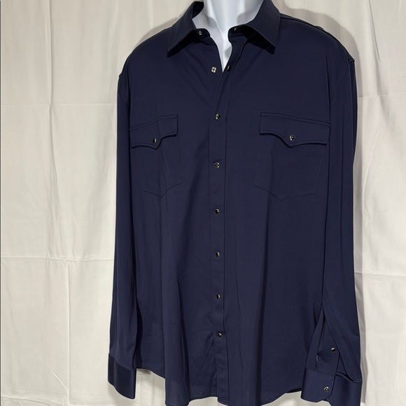Bugatchi 8-Way Stretch Pearl Snap Shirt Navy XXL - Picture 2 of 11